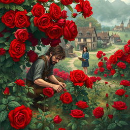 A captivating fantasy book illustration of a picturesque setting called Bloody Rose Village