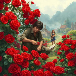 A captivating fantasy book illustration of a picturesque setting called Bloody Rose Village