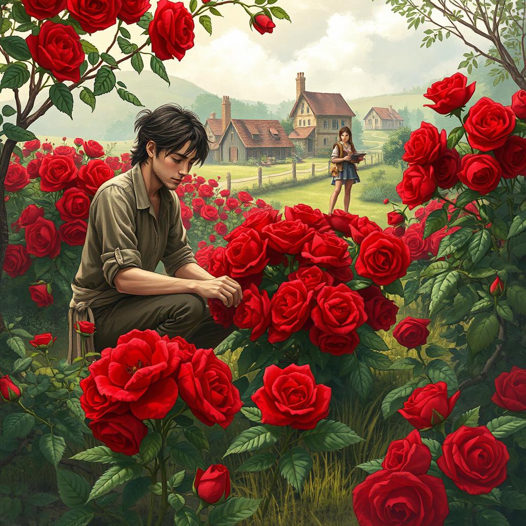 A captivating fantasy book illustration of a picturesque setting called Bloody Rose Village
