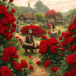 A captivating fantasy book illustration of a picturesque setting called Bloody Rose Village