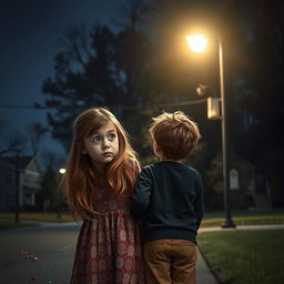Two siblings, a boy and a girl, standing under a dimly lit streetlight on a quiet suburban street
