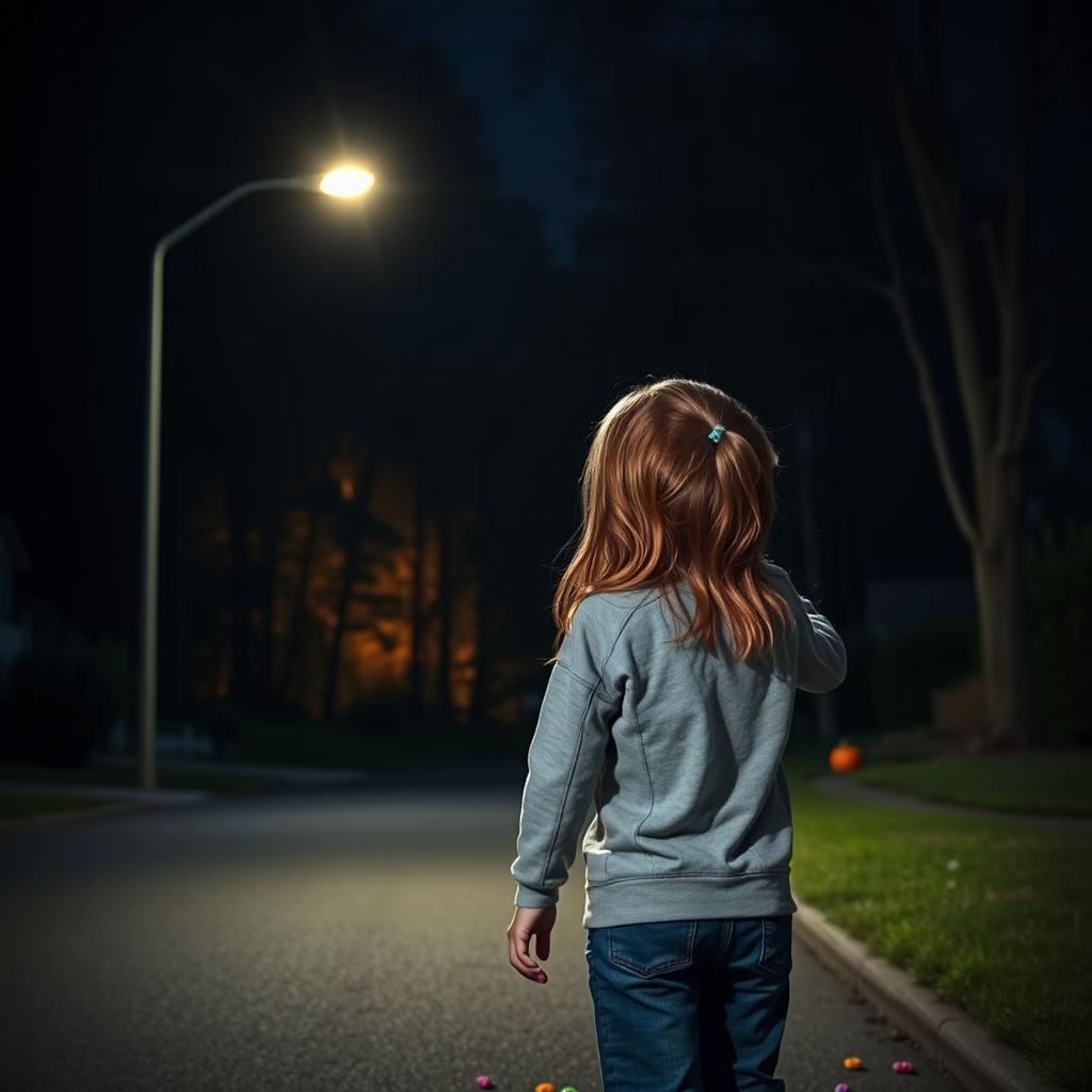 Two siblings, a boy and a girl, standing under a dimly lit streetlight on a quiet suburban street