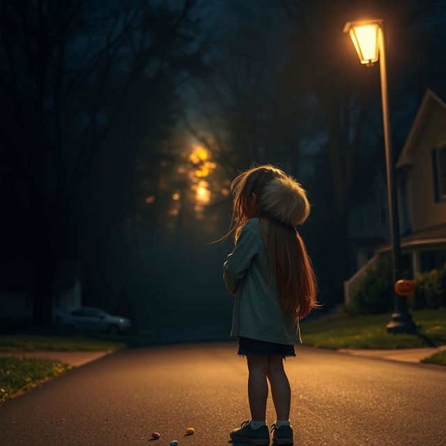 Two siblings, a boy and a girl, standing under a dimly lit streetlight on a quiet suburban street