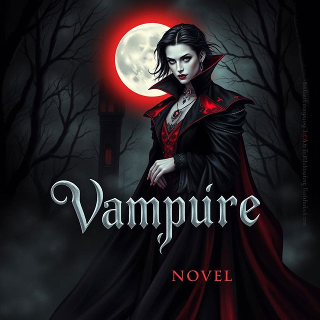 A captivating book cover design featuring a striking vampire character, elegantly dressed in gothic attire, with intricate details such as a long flowing cape, ornate jewelry, and an alluring expression