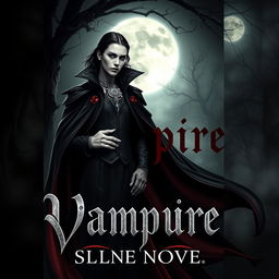 A captivating book cover design featuring a striking vampire character, elegantly dressed in gothic attire, with intricate details such as a long flowing cape, ornate jewelry, and an alluring expression