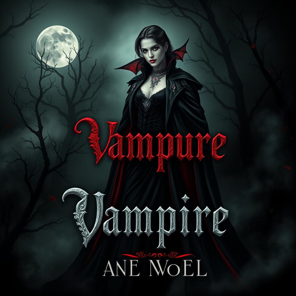 A captivating book cover design featuring a striking vampire character, elegantly dressed in gothic attire, with intricate details such as a long flowing cape, ornate jewelry, and an alluring expression