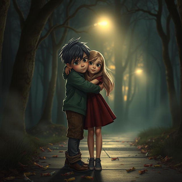 Under the soft glow of streetlights, two siblings, a boy and a girl, tightly embrace each other, surrounded by a slightly foggy atmosphere that adds a touch of mystique