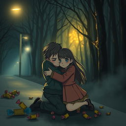 Under the soft glow of streetlights, two siblings, a boy and a girl, tightly embrace each other, surrounded by a slightly foggy atmosphere that adds a touch of mystique