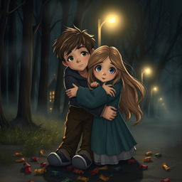 Under the soft glow of streetlights, two siblings, a boy and a girl, tightly embrace each other, surrounded by a slightly foggy atmosphere that adds a touch of mystique