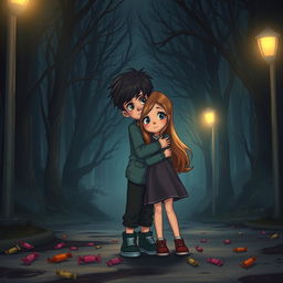 Under the soft glow of streetlights, two siblings, a boy and a girl, tightly embrace each other, surrounded by a slightly foggy atmosphere that adds a touch of mystique