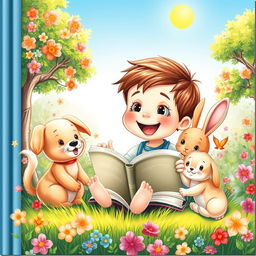 An enchanting book cover featuring an animated scene of a young child joyfully reading a book while surrounded by adorable domestic animals
