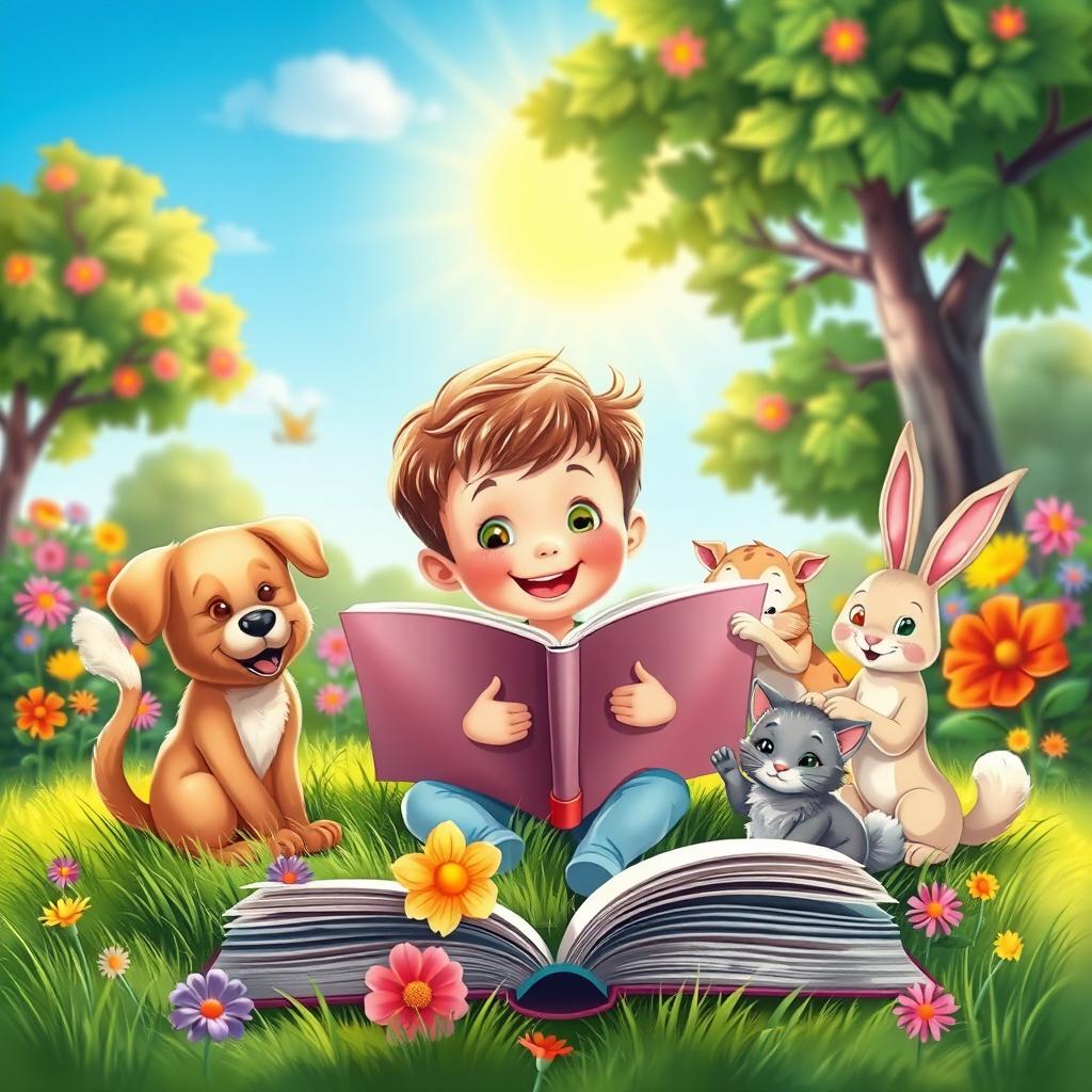 An enchanting book cover featuring an animated scene of a young child joyfully reading a book while surrounded by adorable domestic animals