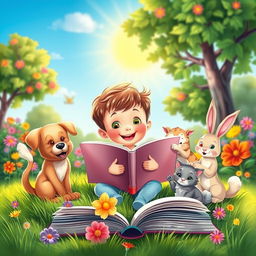 An enchanting book cover featuring an animated scene of a young child joyfully reading a book while surrounded by adorable domestic animals