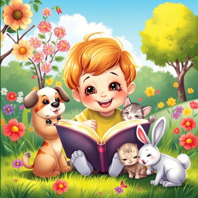 An enchanting book cover featuring an animated scene of a young child joyfully reading a book while surrounded by adorable domestic animals