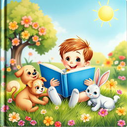 An enchanting book cover featuring an animated scene of a young child joyfully reading a book while surrounded by adorable domestic animals