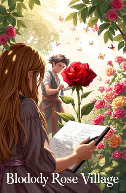 A captivating illustration for a fantasy book titled 'Bloody Rose Village'