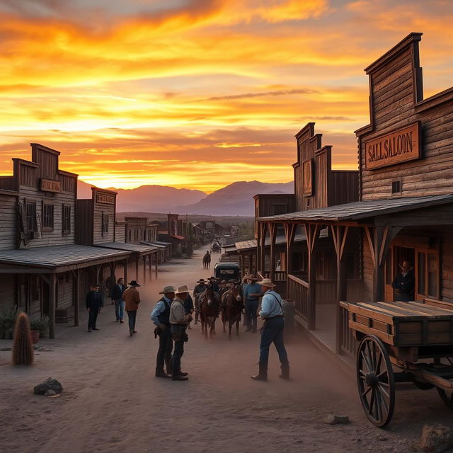 A scenic view of an Old West town at sunset, featuring rustic wooden buildings with weathered facades, dusty streets, and a saloon with swinging doors