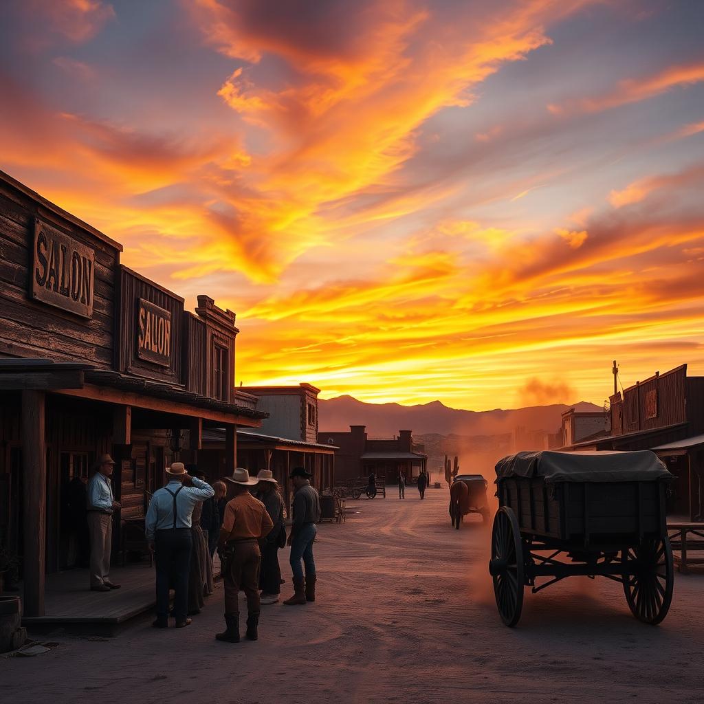 A scenic view of an Old West town at sunset, featuring rustic wooden buildings with weathered facades, dusty streets, and a saloon with swinging doors