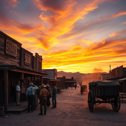 A scenic view of an Old West town at sunset, featuring rustic wooden buildings with weathered facades, dusty streets, and a saloon with swinging doors