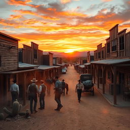 A scenic view of an Old West town at sunset, featuring rustic wooden buildings with weathered facades, dusty streets, and a saloon with swinging doors