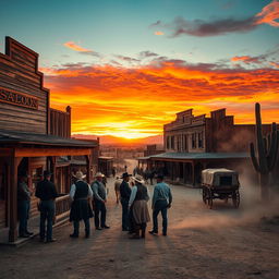 A scenic view of an Old West town at sunset, featuring rustic wooden buildings with weathered facades, dusty streets, and a saloon with swinging doors