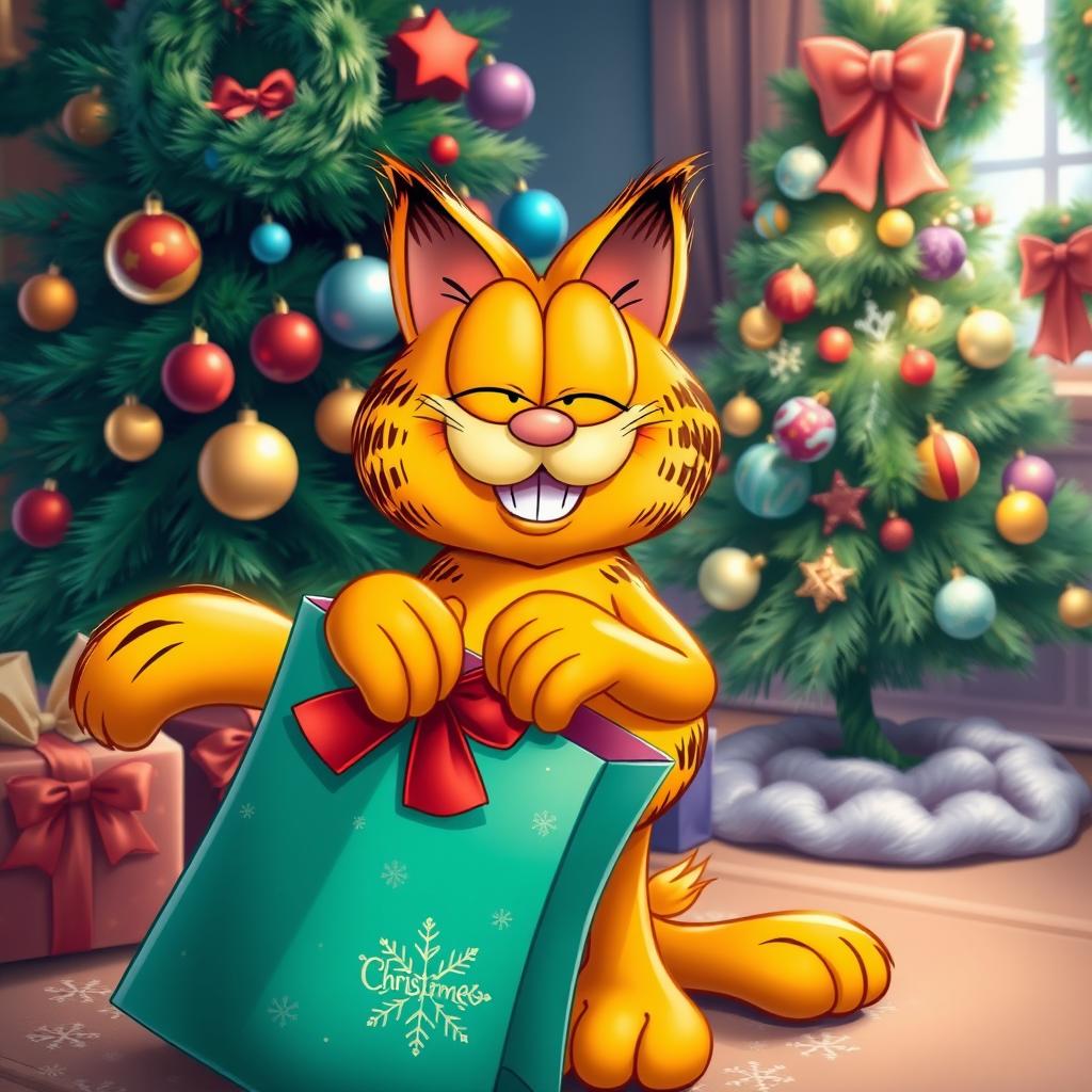 Garfield the cat joyfully holding a colorful gift bag, celebrating Christmas with a beautifully decorated Christmas tree in the background