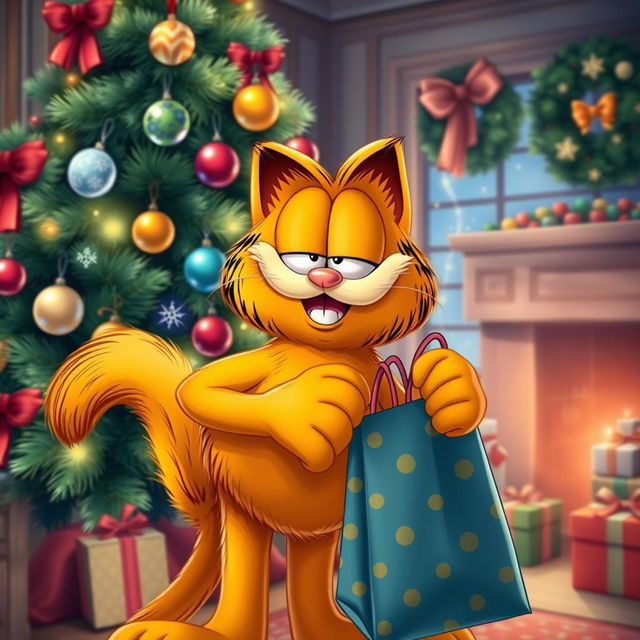 Garfield the cat joyfully holding a colorful gift bag, celebrating Christmas with a beautifully decorated Christmas tree in the background