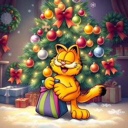 Garfield the cat joyfully holding a colorful gift bag, celebrating Christmas with a beautifully decorated Christmas tree in the background