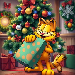 Garfield the cat joyfully holding a colorful gift bag, celebrating Christmas with a beautifully decorated Christmas tree in the background