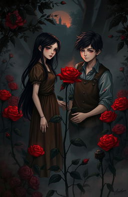 A richly detailed illustration inspired by a fantasy book titled 'Bloody Rose Village', featuring Selena, a young painter with long, flowing dark hair, deep-set expressive eyes, and wearing a rustic, paint-splattered dress