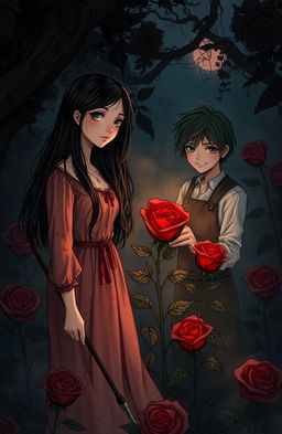 A richly detailed illustration inspired by a fantasy book titled 'Bloody Rose Village', featuring Selena, a young painter with long, flowing dark hair, deep-set expressive eyes, and wearing a rustic, paint-splattered dress