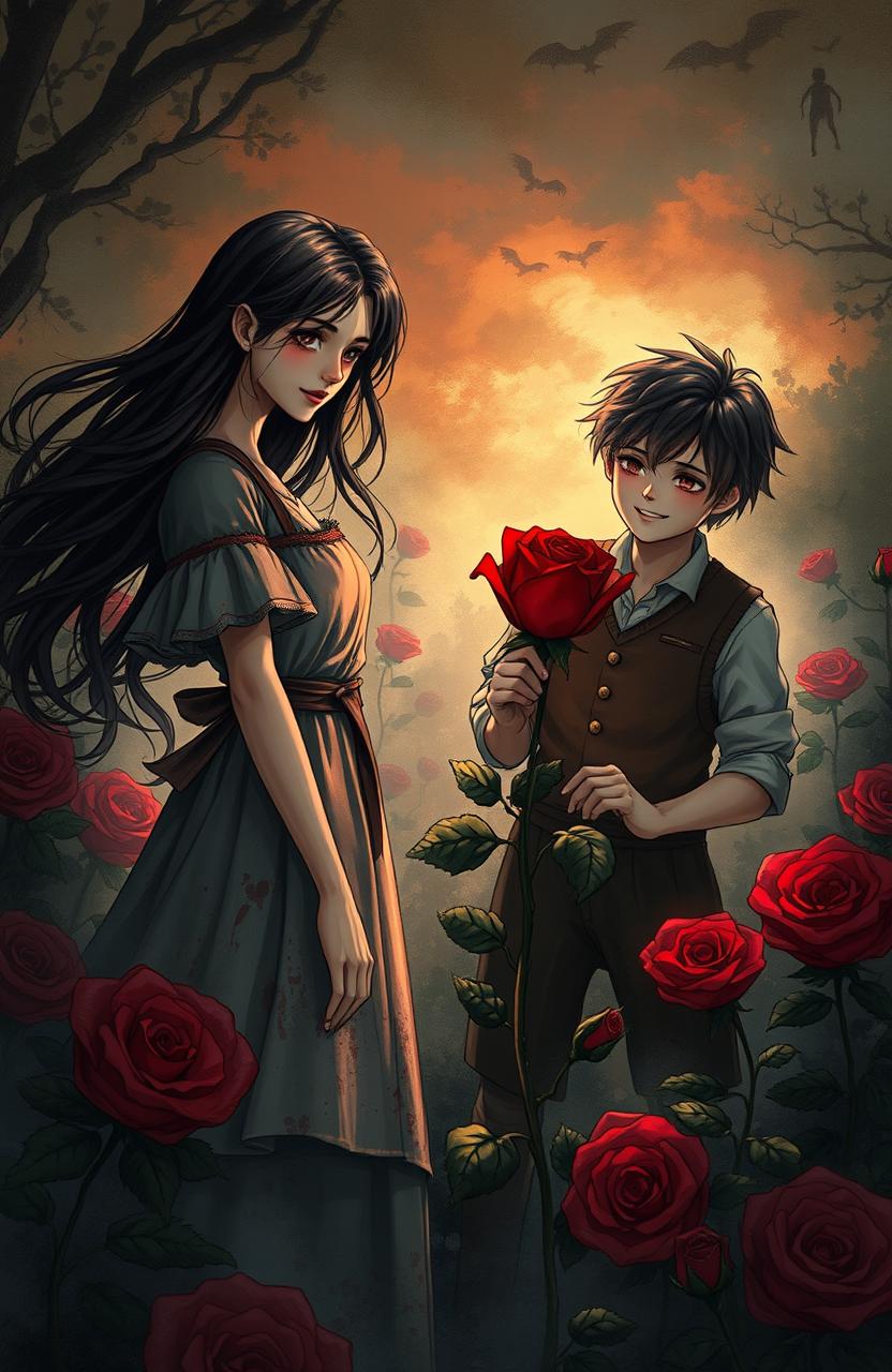 A richly detailed illustration inspired by a fantasy book titled 'Bloody Rose Village', featuring Selena, a young painter with long, flowing dark hair, deep-set expressive eyes, and wearing a rustic, paint-splattered dress