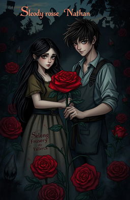 A richly detailed illustration inspired by a fantasy book titled 'Bloody Rose Village', featuring Selena, a young painter with long, flowing dark hair, deep-set expressive eyes, and wearing a rustic, paint-splattered dress