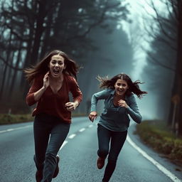 A dramatic scene featuring a young woman shouting in fear as she and her friend run away from an eerie location