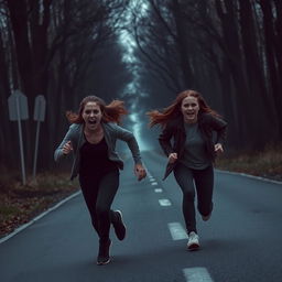 A dramatic scene featuring a young woman shouting in fear as she and her friend run away from an eerie location