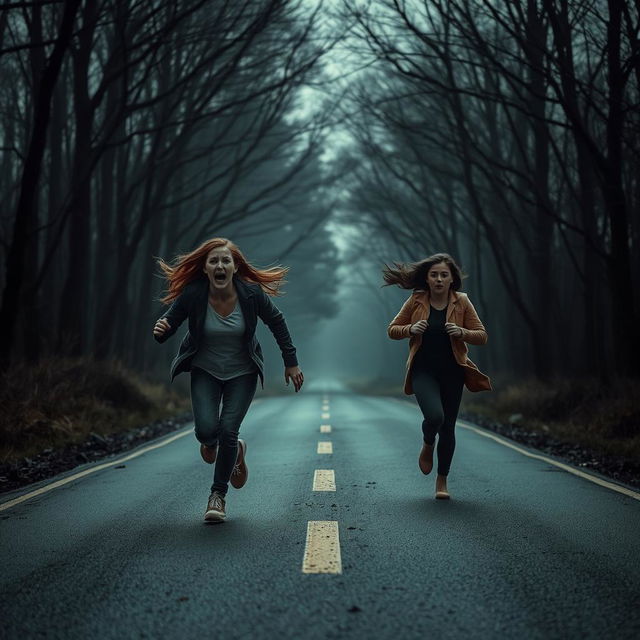 A dramatic scene featuring a young woman shouting in fear as she and her friend run away from an eerie location