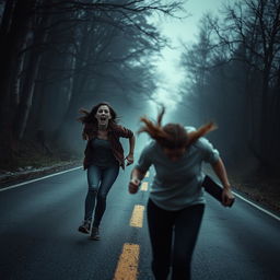 A dramatic scene featuring a young woman shouting in fear as she and her friend run away from an eerie location