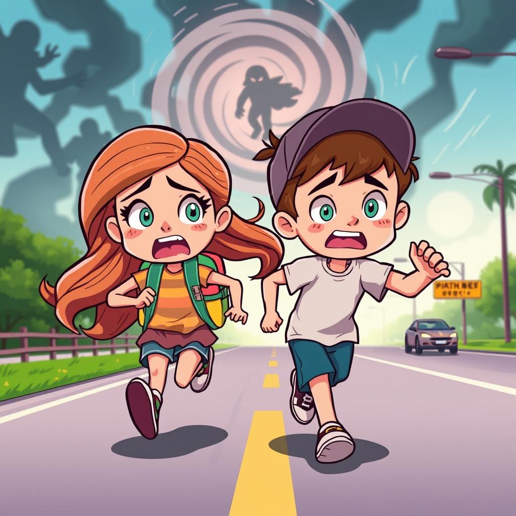 A vibrant cartoon scene depicting a girl and a boy running breathlessly onto a main road, their expressions showing fear and urgency