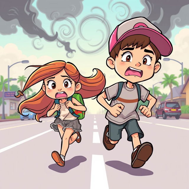 A vibrant cartoon scene depicting a girl and a boy running breathlessly onto a main road, their expressions showing fear and urgency