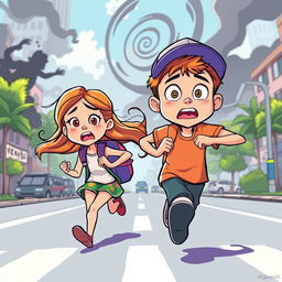 A vibrant cartoon scene depicting a girl and a boy running breathlessly onto a main road, their expressions showing fear and urgency