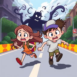A vibrant cartoon scene depicting a girl and a boy running breathlessly onto a main road, their expressions showing fear and urgency