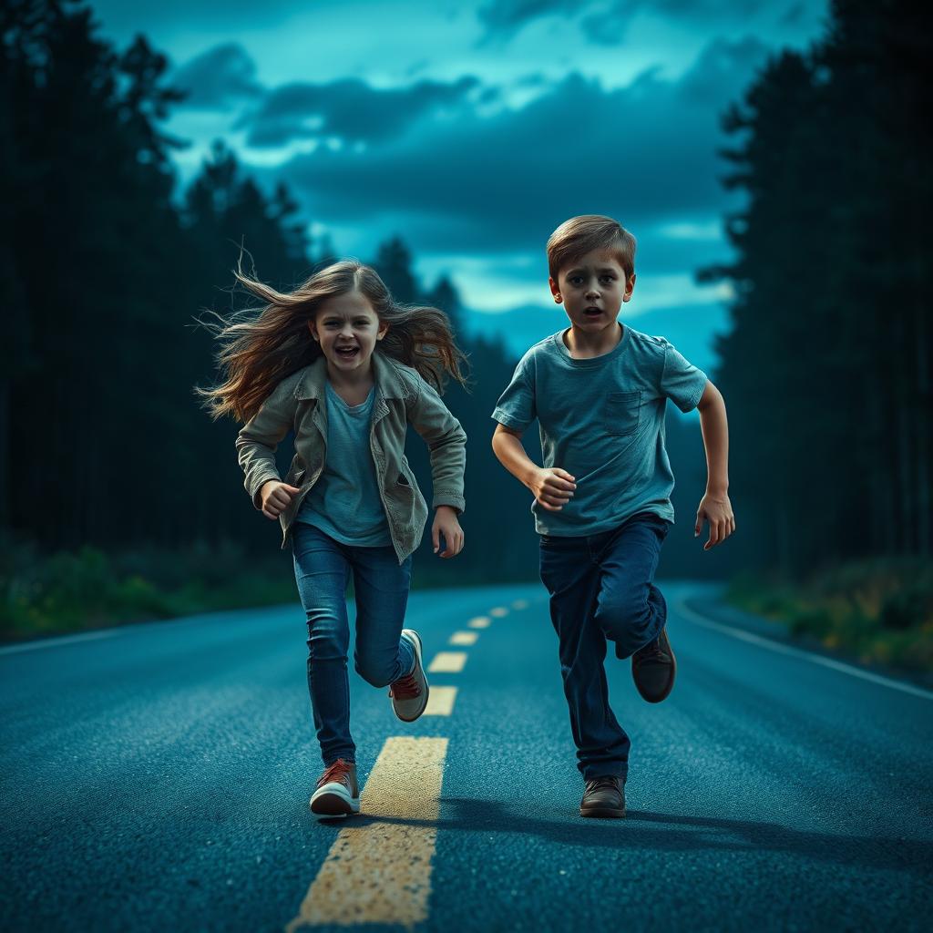 A thrilling scene depicting a girl and a boy running out onto a main road, both looking breathless and trembling with adrenaline