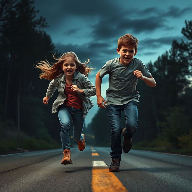 A thrilling scene depicting a girl and a boy running out onto a main road, both looking breathless and trembling with adrenaline