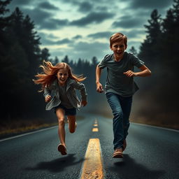 A thrilling scene depicting a girl and a boy running out onto a main road, both looking breathless and trembling with adrenaline