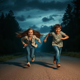 A thrilling scene depicting a girl and a boy running out onto a main road, both looking breathless and trembling with adrenaline