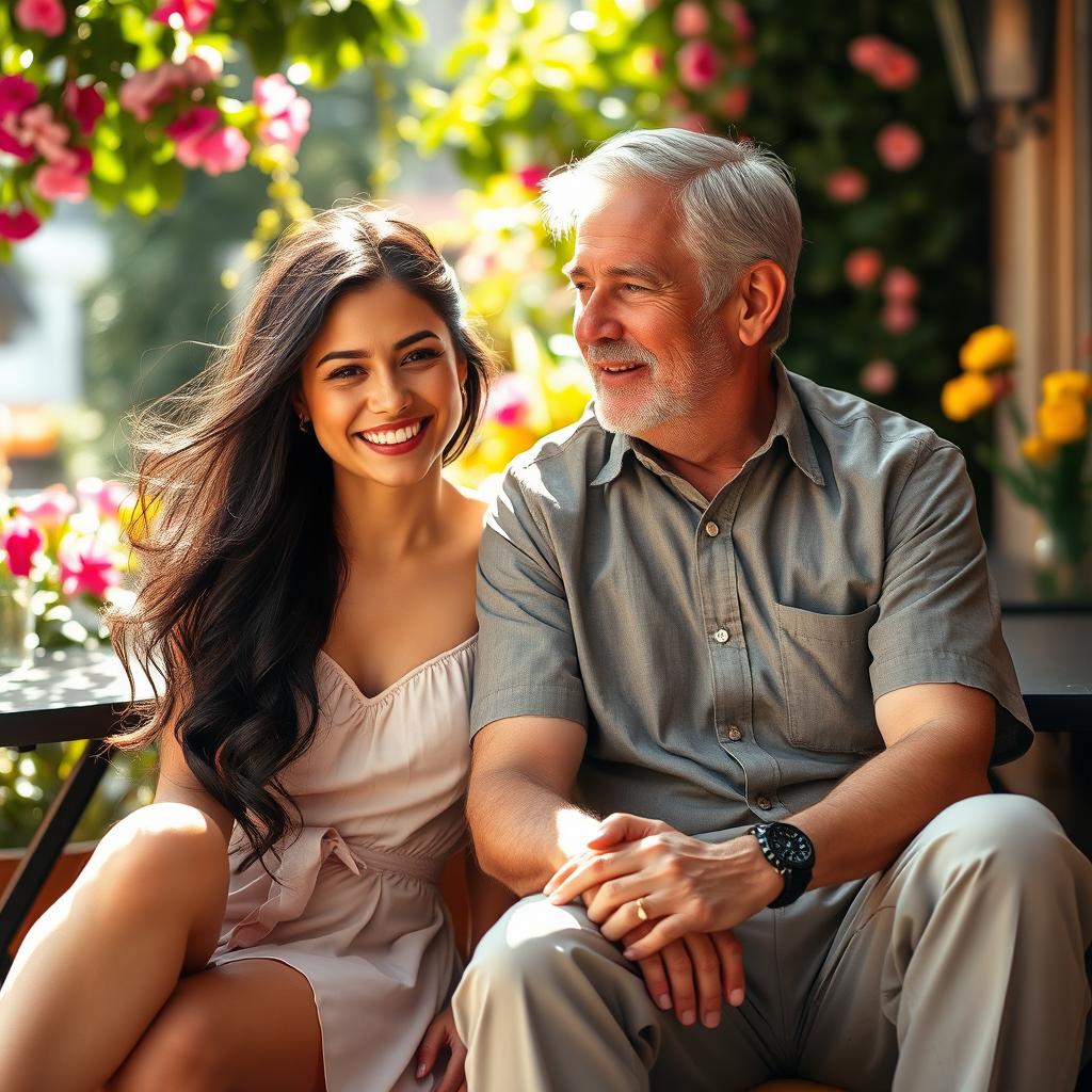 A young beautiful woman of 25 years, with long flowing dark hair, wearing a stylish summer dress, sitting closely beside an older man in his 60s who has salt-and-pepper hair