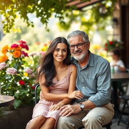 A young beautiful woman of 25 years, with long flowing dark hair, wearing a stylish summer dress, sitting closely beside an older man in his 60s who has salt-and-pepper hair