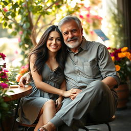 A young beautiful woman of 25 years, with long flowing dark hair, wearing a stylish summer dress, sitting closely beside an older man in his 60s who has salt-and-pepper hair