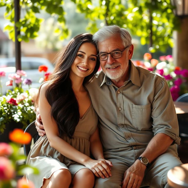 A young beautiful woman of 25 years, with long flowing dark hair, wearing a stylish summer dress, sitting closely beside an older man in his 60s who has salt-and-pepper hair