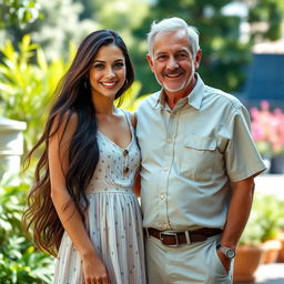 A young beautiful woman of 25 years, with long flowing dark hair and wearing a stylish summer dress, standing closely beside an older man in his 60s with salt-and-pepper hair